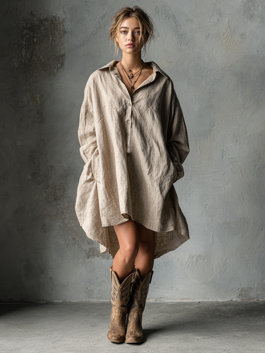 Loose Cotton and Linen Mini Dress for Women with Buttons and Collar MDA1854H2Y