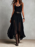 Black Stretchy Boho Western Maxi Dress with Sheer Skirt