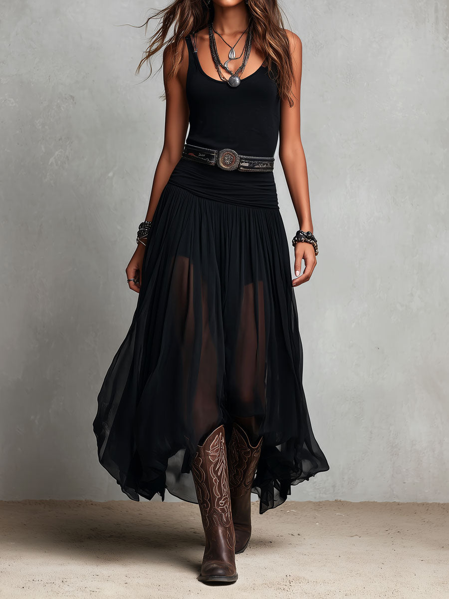 Black Stretchy Boho Western Maxi Dress with Sheer Skirt