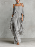 Gray chiffon set for women with cold shoulder details and an A-line silhouette, luxurious modern-feminine style MDZ2651B6I