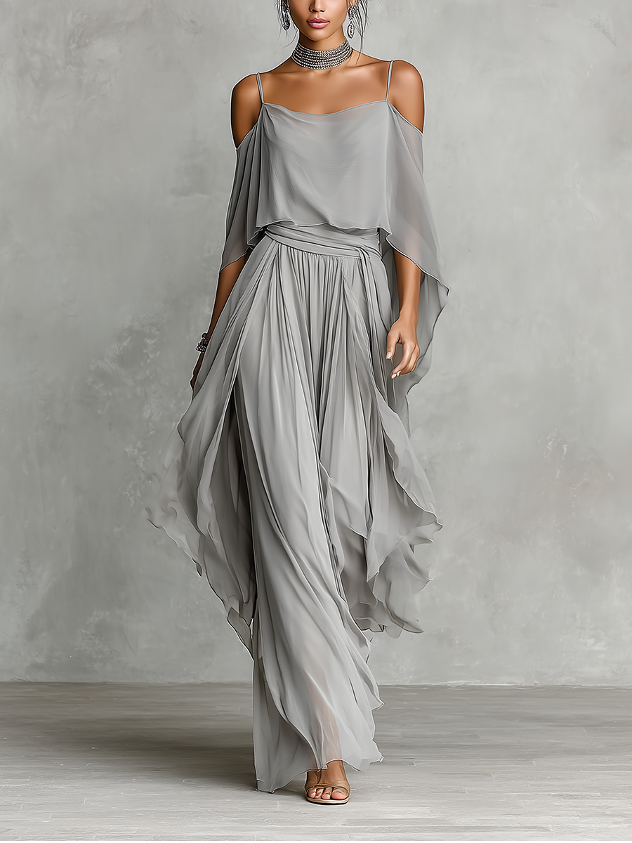 Gray chiffon set for women with cold shoulder details and an A-line silhouette, luxurious modern-feminine style MDZ2651B6I