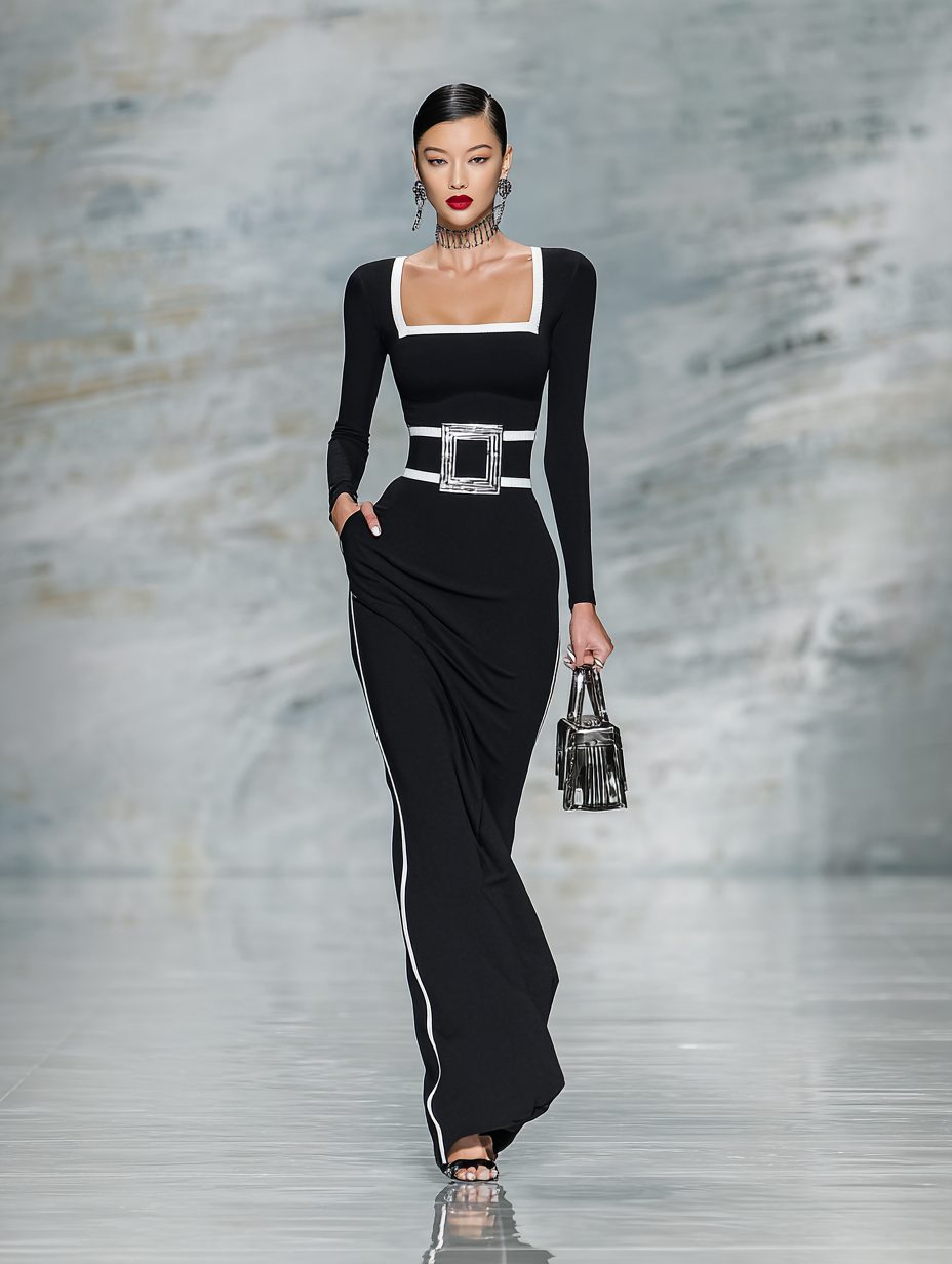 Fitted Maxi Dresses with Square Neckline and Long Sleeves in Black and White MDA1698G8Y