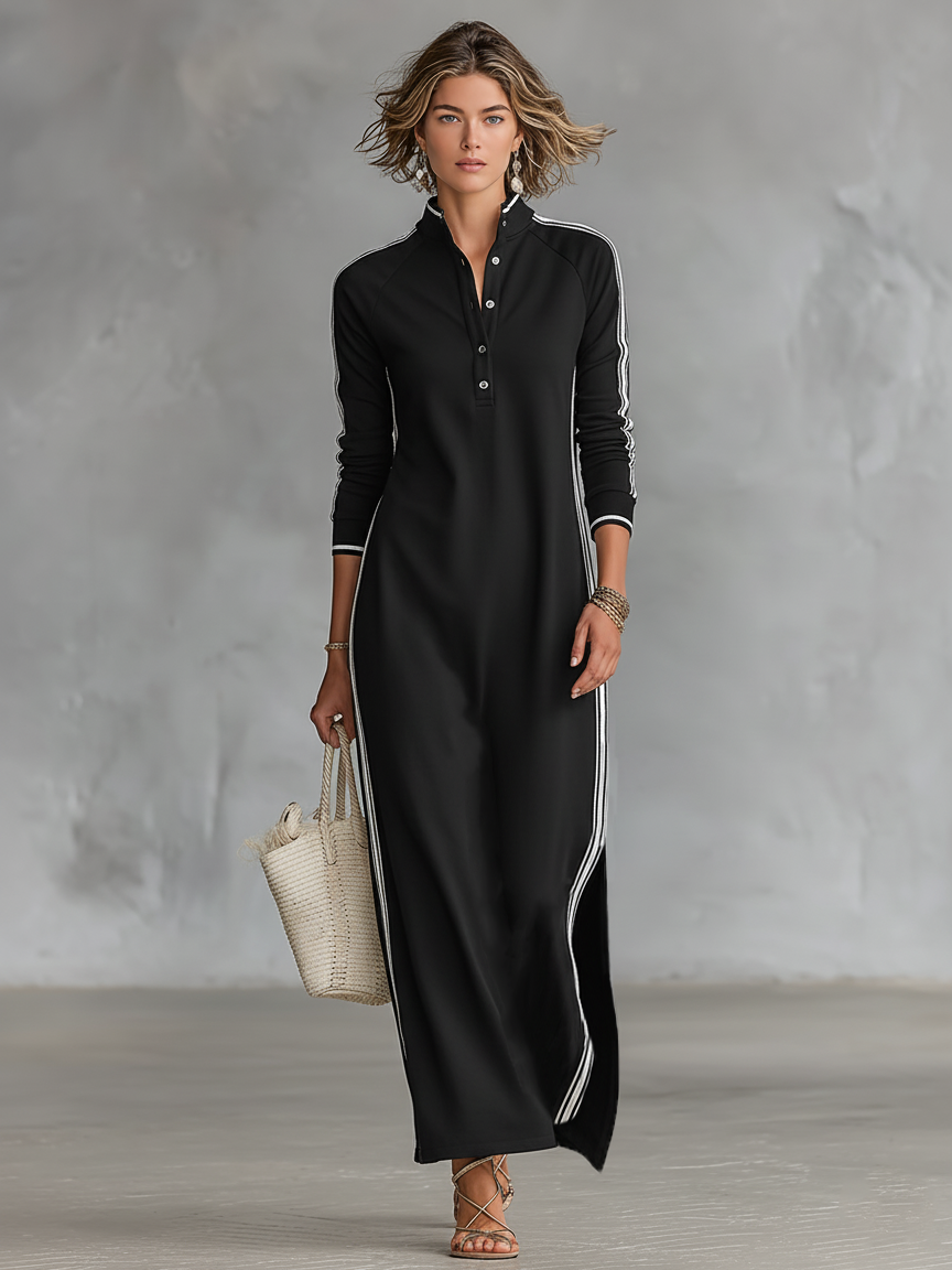 Maxi Dress with Button Collar in Sweater Style for Women with White Edges MDA0958L0Y