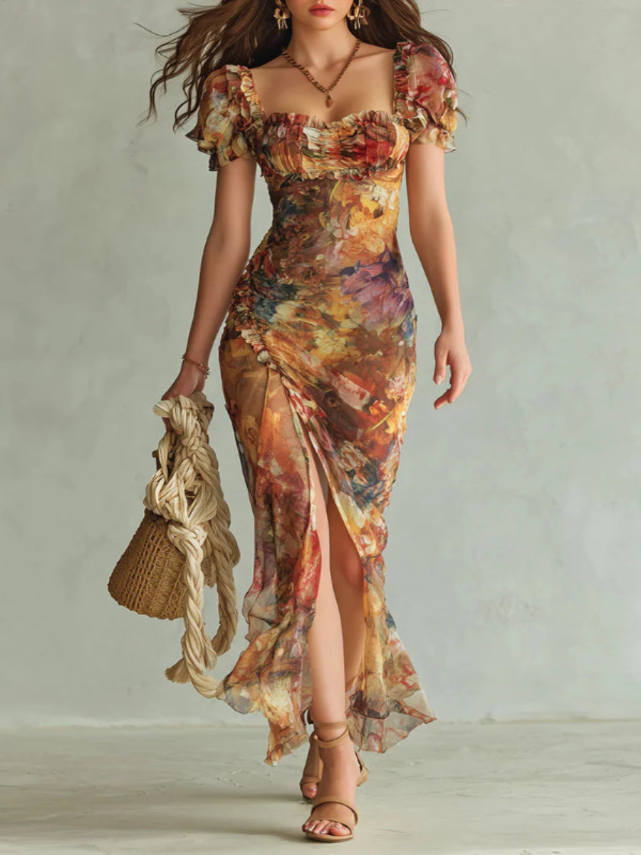 Elegant maxi dresses with a square neckline, short sleeves, and floral patterns
