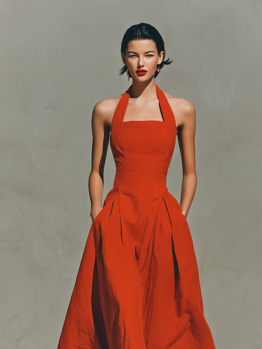 Red Women's Maxi Dresses Made of Linen with Halter Neckline and Pleated Skirt, Elegant and Inspiring Vacation Dress MDZ2016C7I