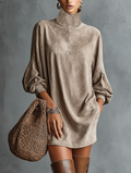 Mini Dress for Women in Minimalist Design, Loose Fit, Made of Suede-Like Fabric, with High Collar MDA2423K1Y