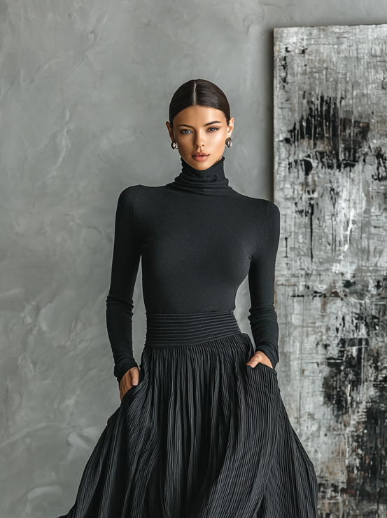 High Neck T-Shirt and Pleated Dress Set for Women in Solid Black MDA1366H1Y