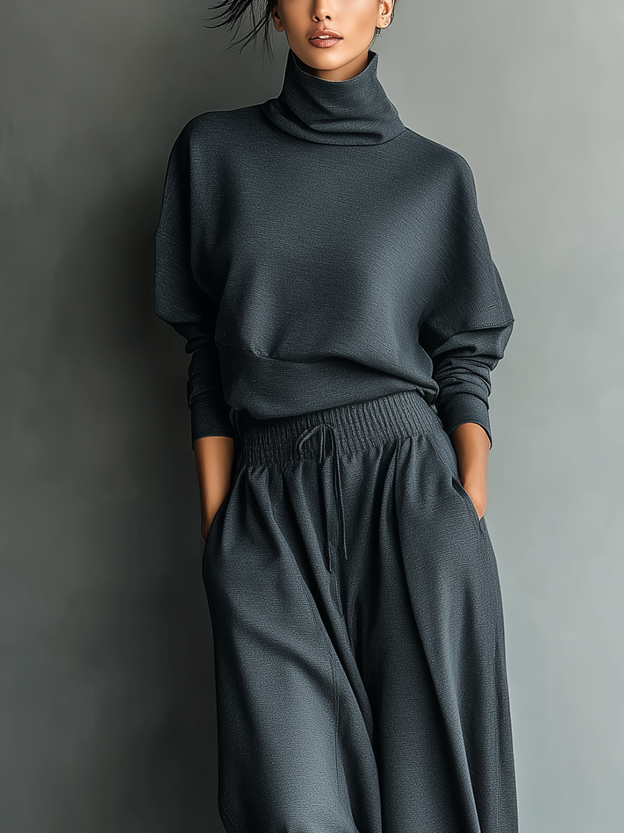 Large Top Set with Turtleneck and Wide Pants for Women in Anthracite Knit Fabric MDA2435L7T