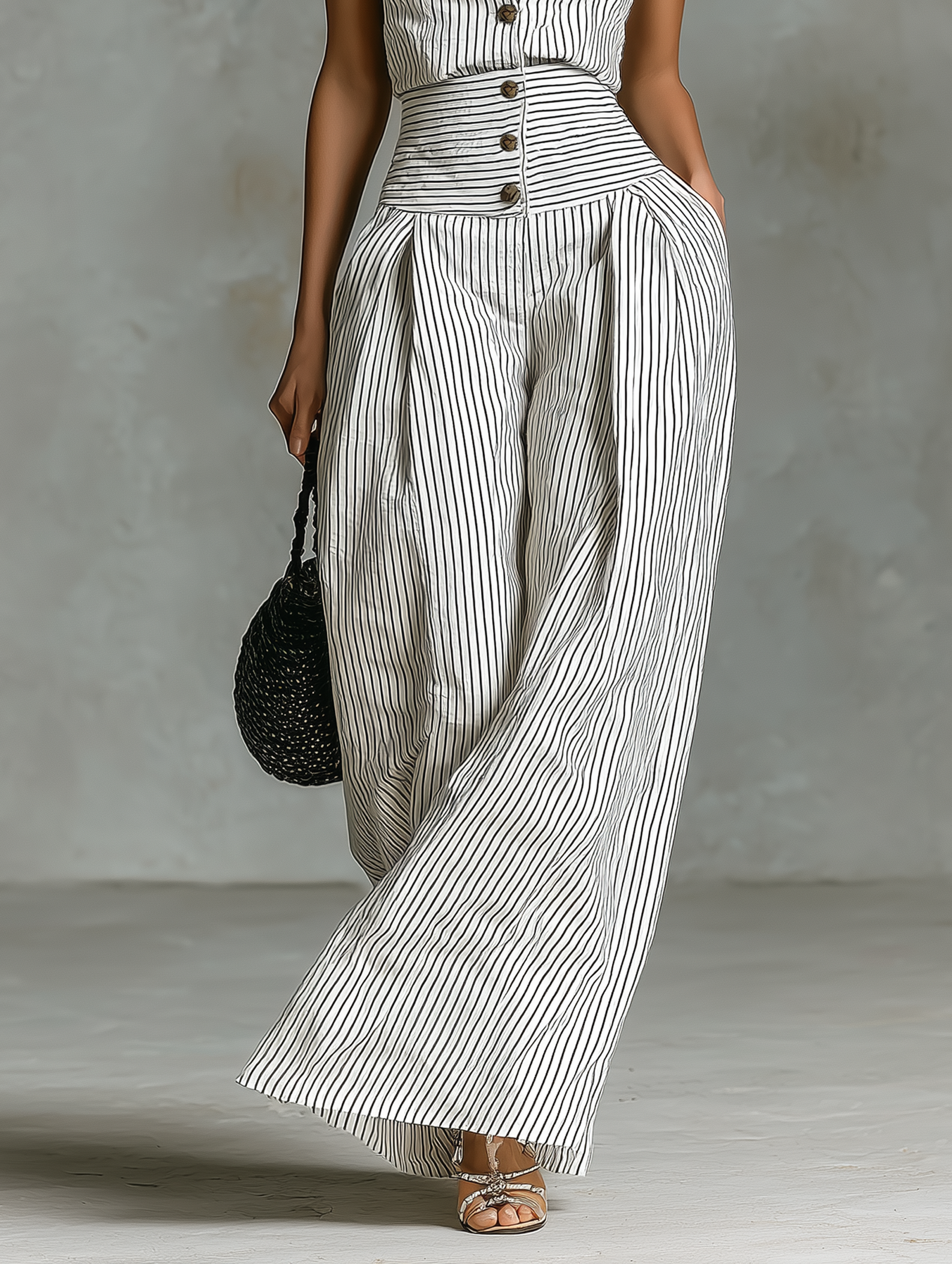 Minimalist Women's Suit with Stripes Made of Linen Fabric, Sleeveless with One Button Closure MDZ1950C7Y