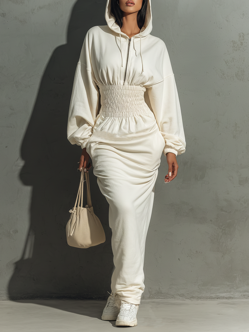 Maxi Dress with Waist Pleats, with Hood, Minimalist Style for Women MDA1965L4Y
