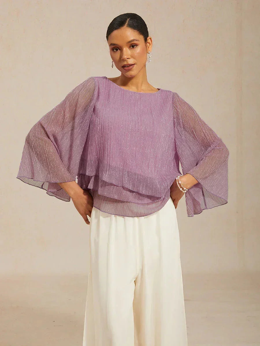 Asymmetrical Layered Shirt in Crinkled Metallic Chiffon