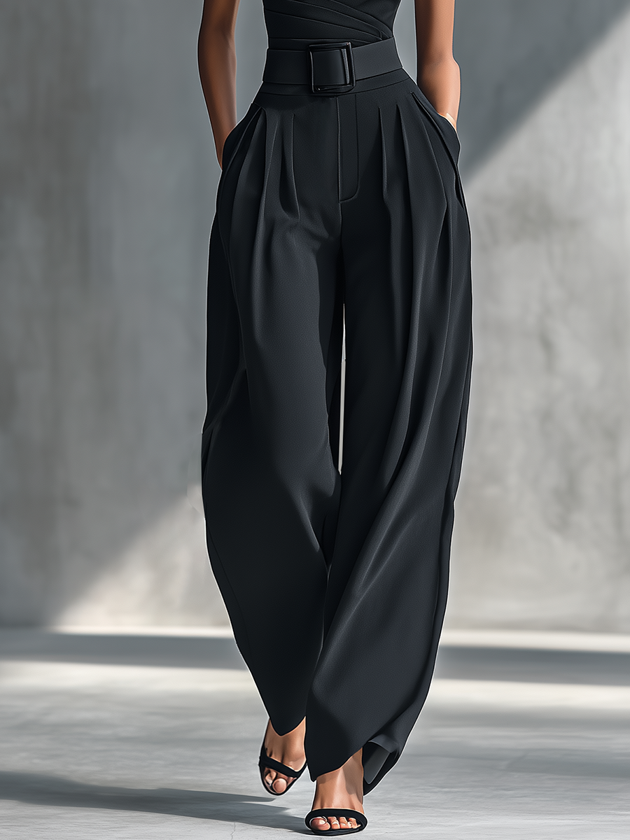 Black Crocheted Top for Women with High Elasticity and Wide Linen Pants MDZ1068B3T