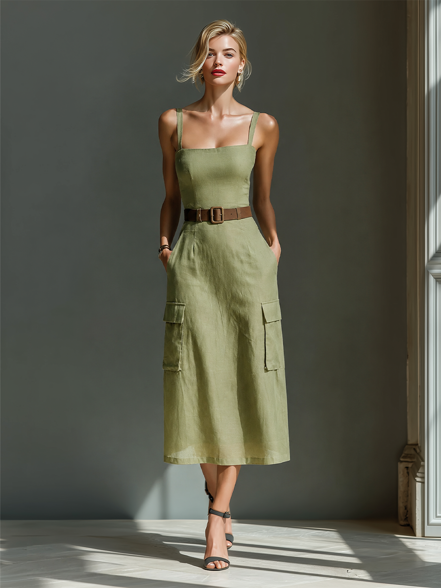 Olive Green Midi Dress for Women Made of Linen Fabric, Sleeveless with Cargo Pockets and Waist with Belt MDZ2753A1T