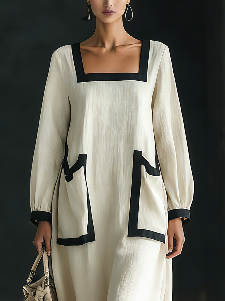 Women's Maxi Dress in Beige Made of Cotton and Linen Blend with Square Neckline, Black Finish, and Large Pockets MDZ1507A0T