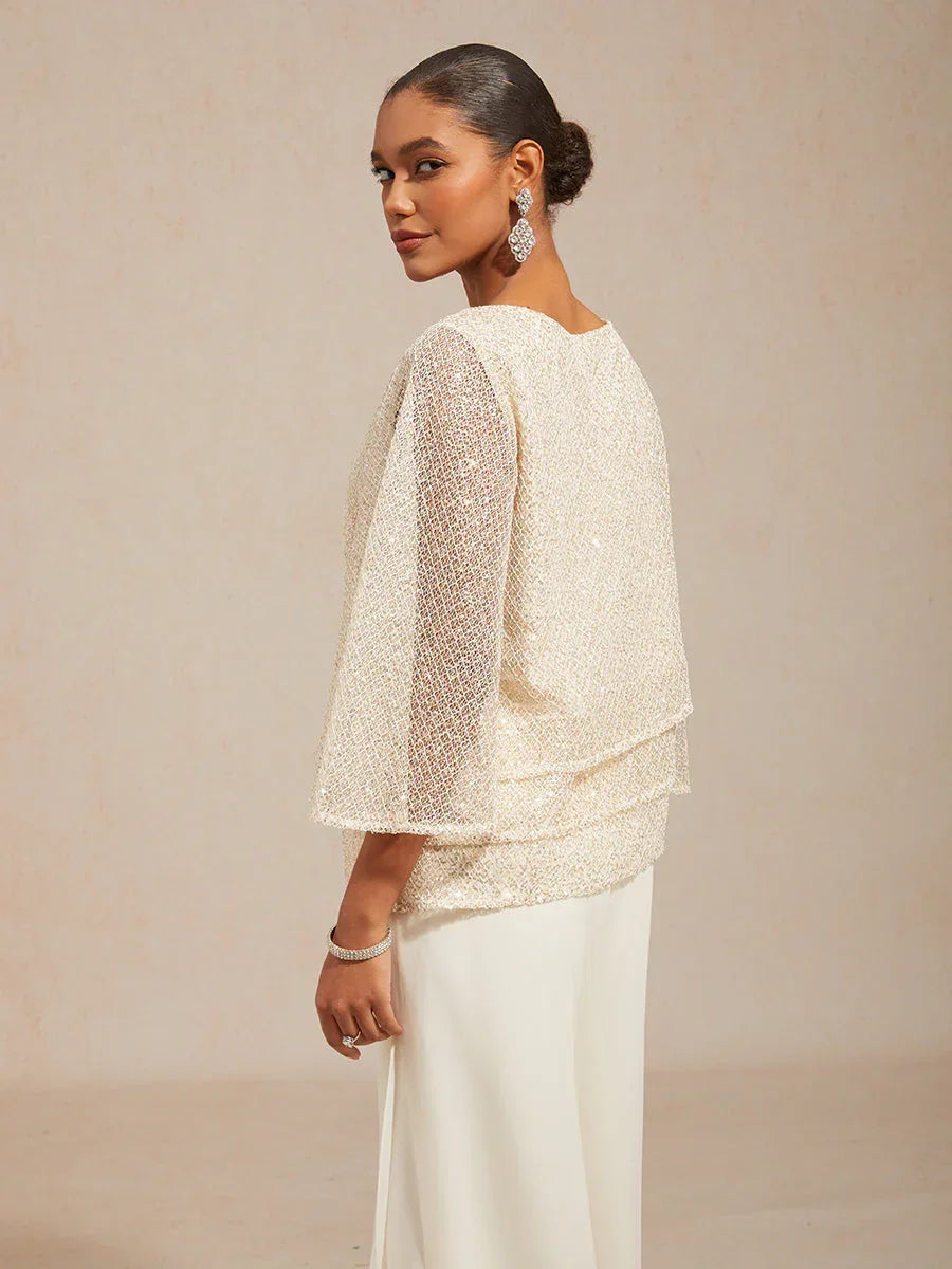 Layered mesh top with sequins and bell-shaped sleeves
