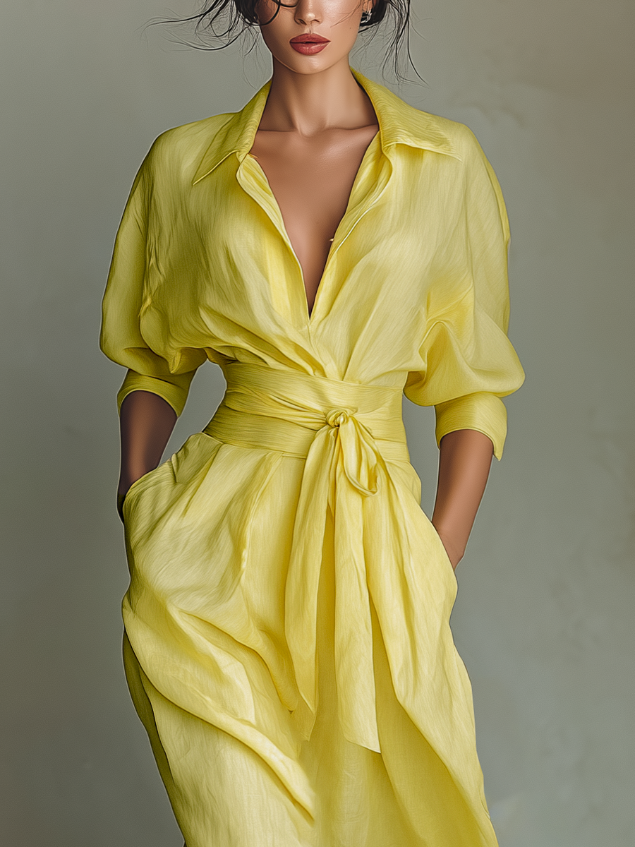 Cotton and Linen Maxi Dresses in Lemon Yellow for Women with Tie Belt and Half Sleeves MDZ2884A4T