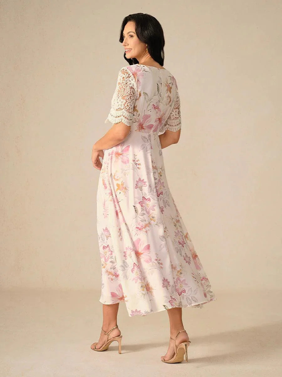 A-Line Floral Chiffon Dress with Lace Sleeve