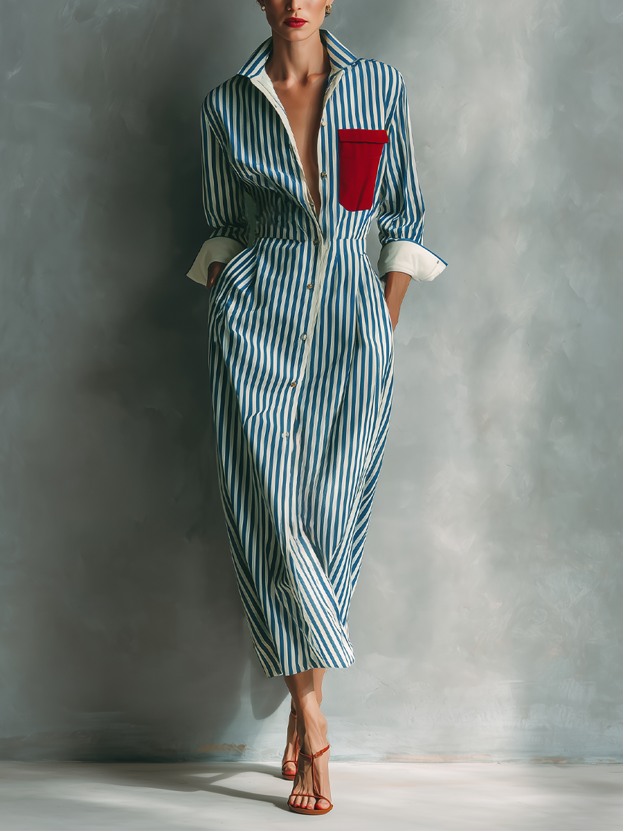 Shirt Dresses with Blue and White Stripes for Women with a Red Chest Pocket MDZ1286C2T