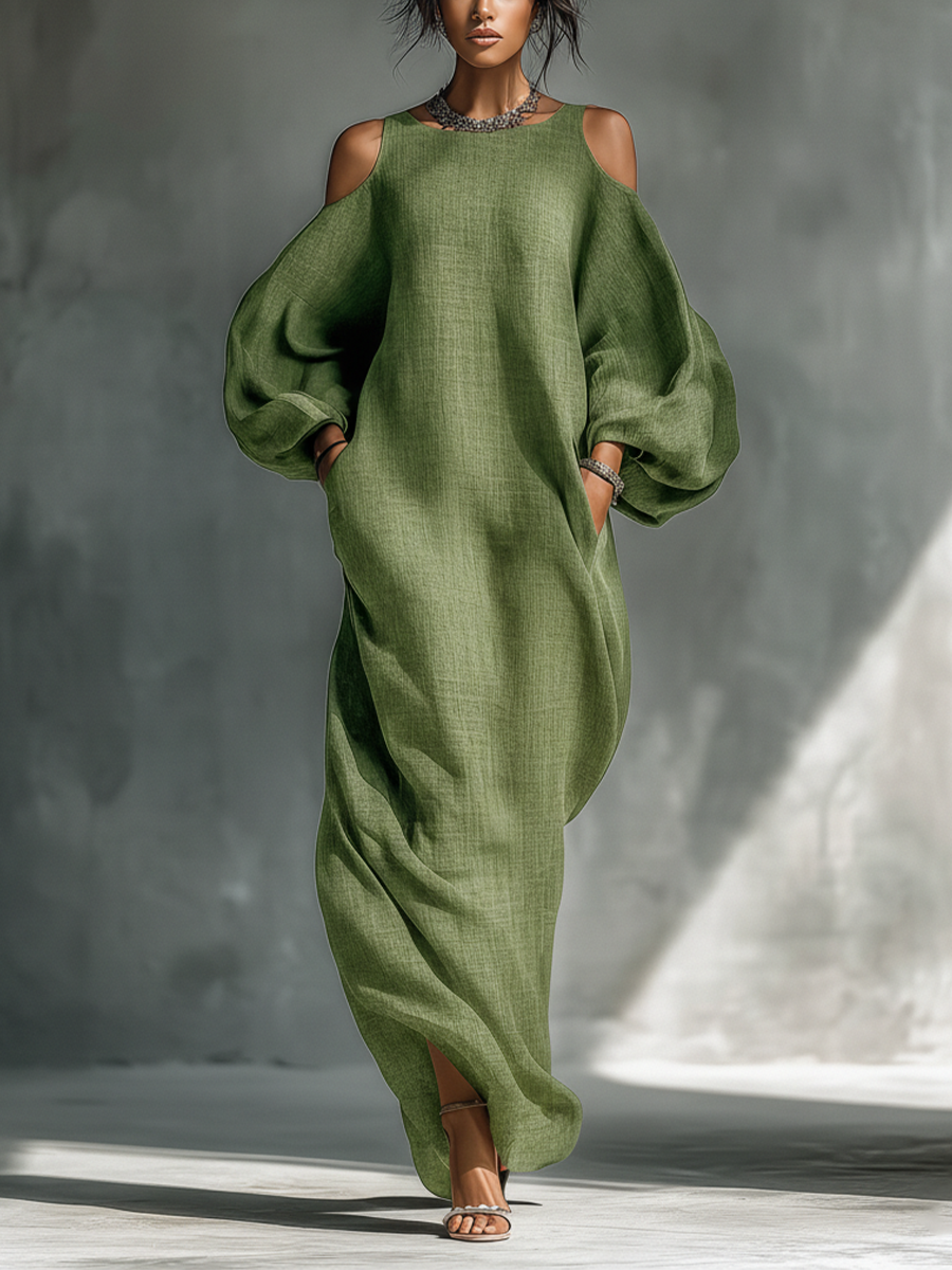 Light Green Maxi Dresses for Women with Off-Shoulder Design, Large Puff Sleeves, and Side Pockets MDZ1004B7T