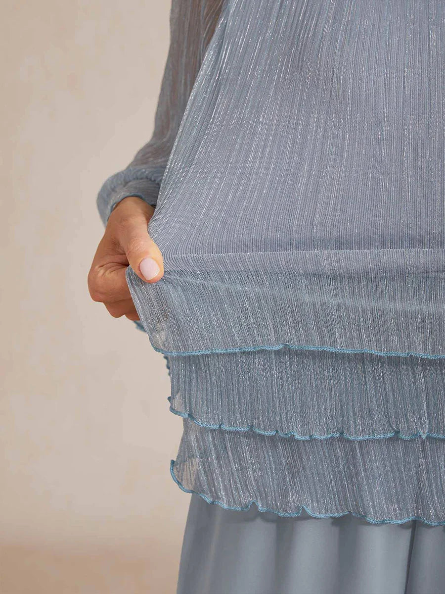 Asymmetrical Layered Shirt in Crinkled Metallic Chiffon