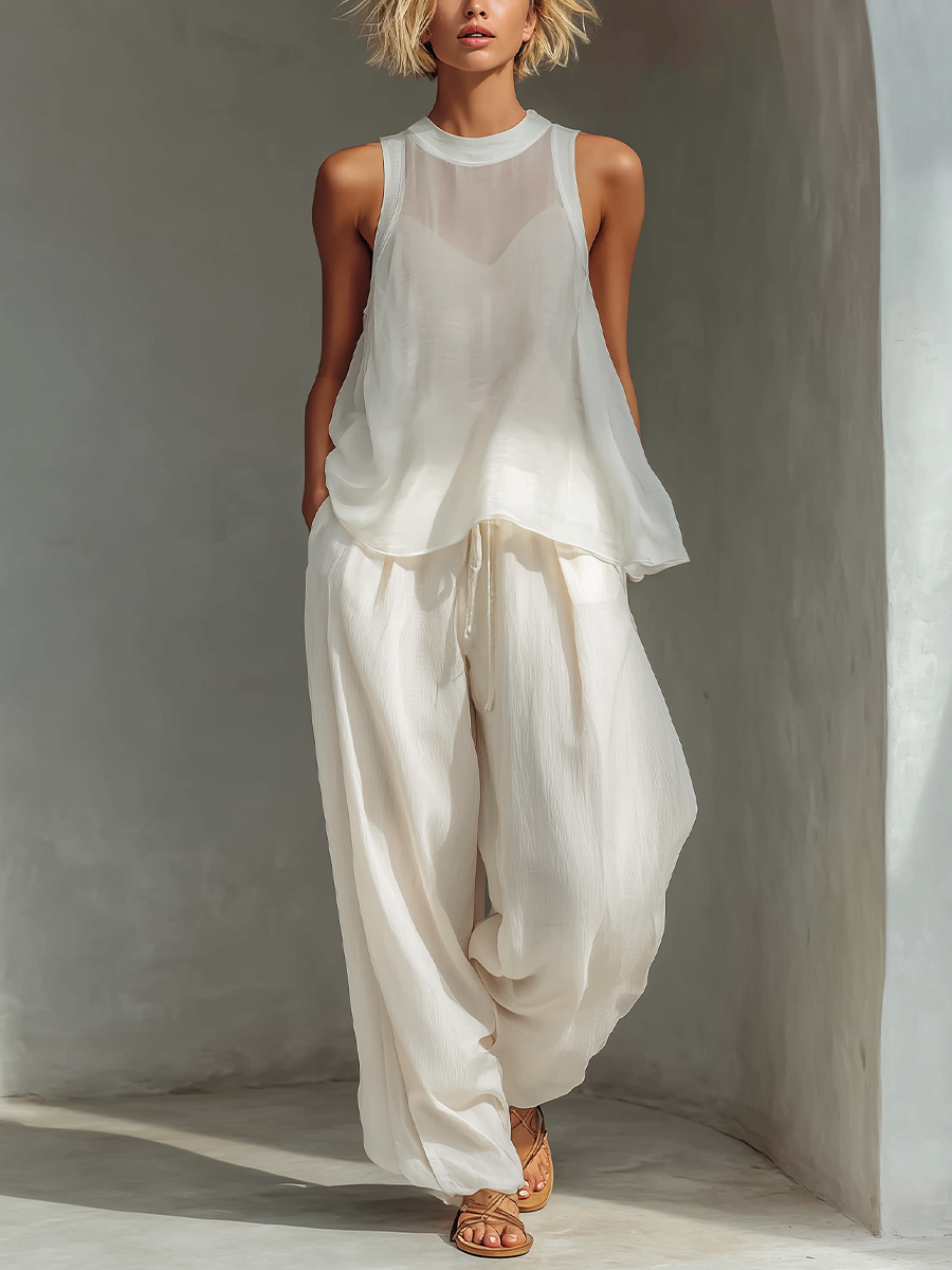 Two-Piece Set for Women in Cream Color with Sleeveless Sheer Silk Top and Wide Skirt Made of Cotton and Linen MDZ1039C4T
