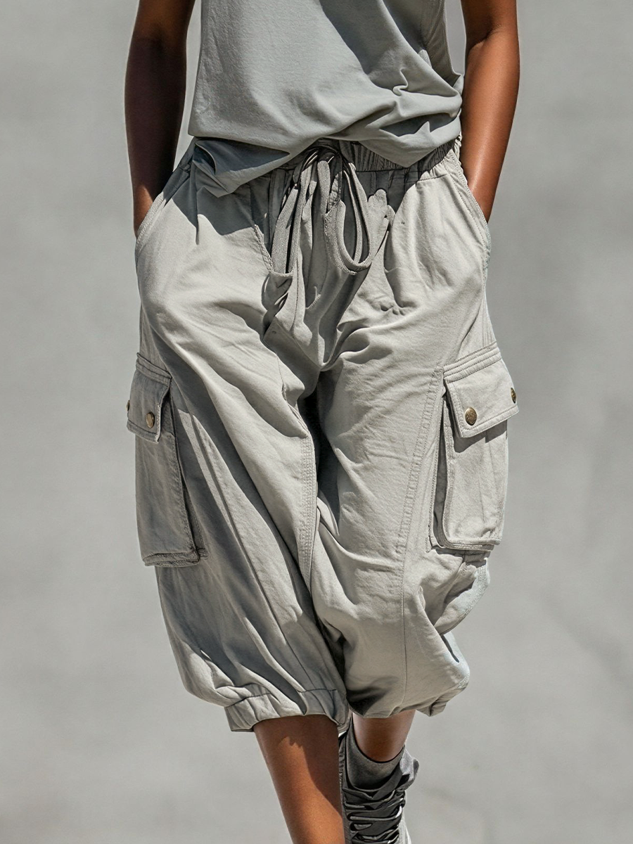 Sleeveless Tank Top and Cargo Jogger Set for Women in Gray MDZ0853E1T