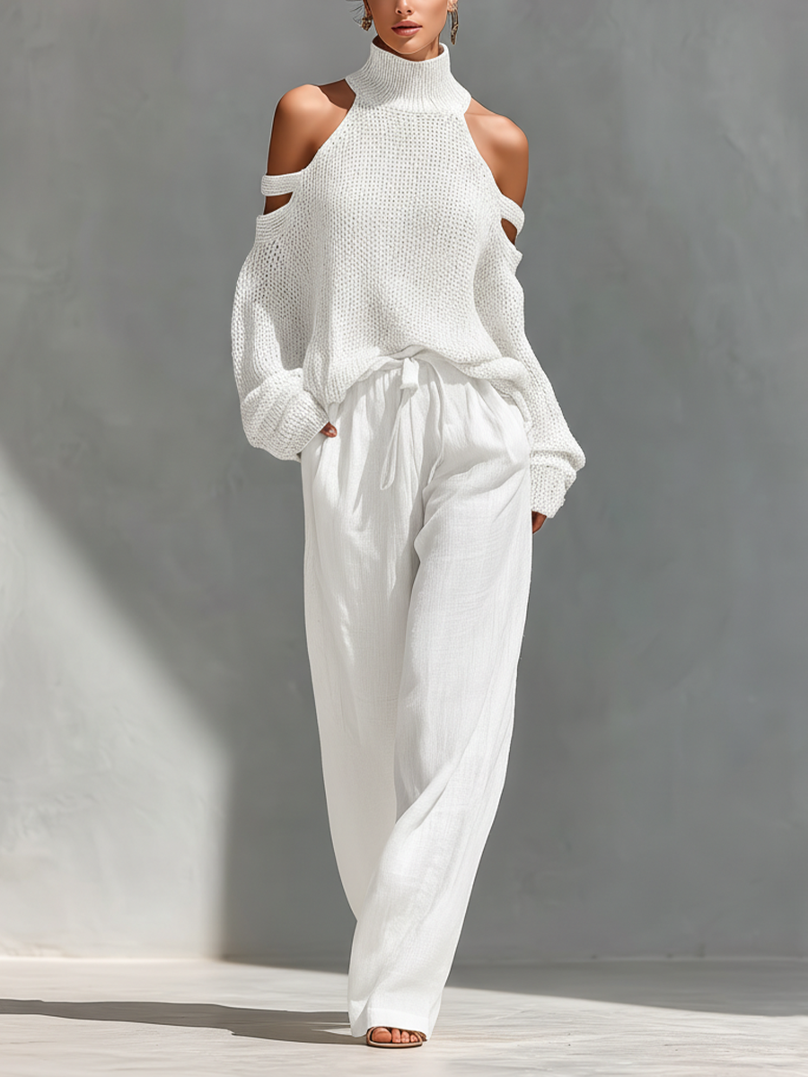 Beige Knit High Neck Top with Off-Shoulder Design and Wide Pants MDZ0984A5T