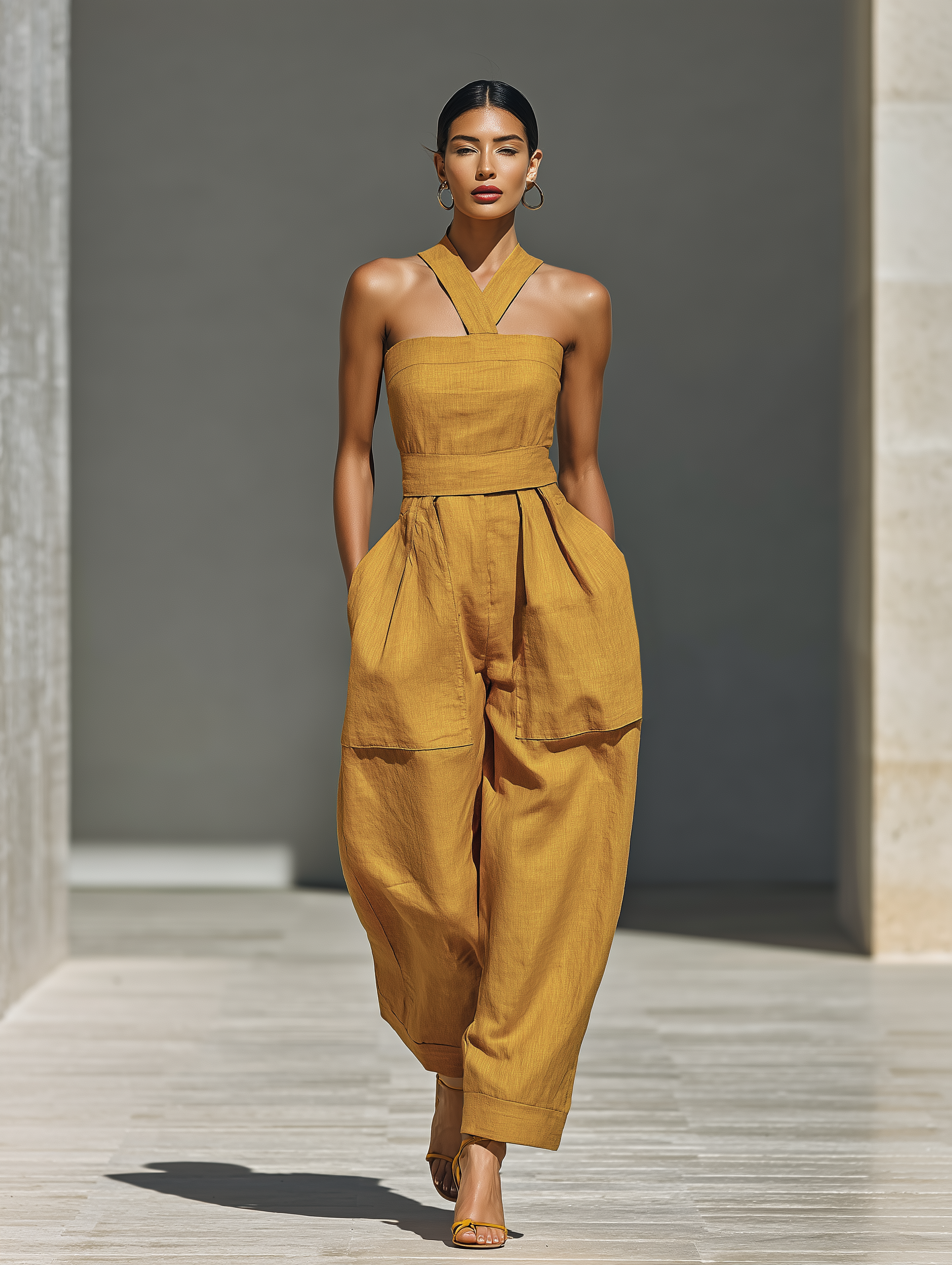 Women's Mustard Suit with Crossed Collar and Loose Pants MDZ2808B6T