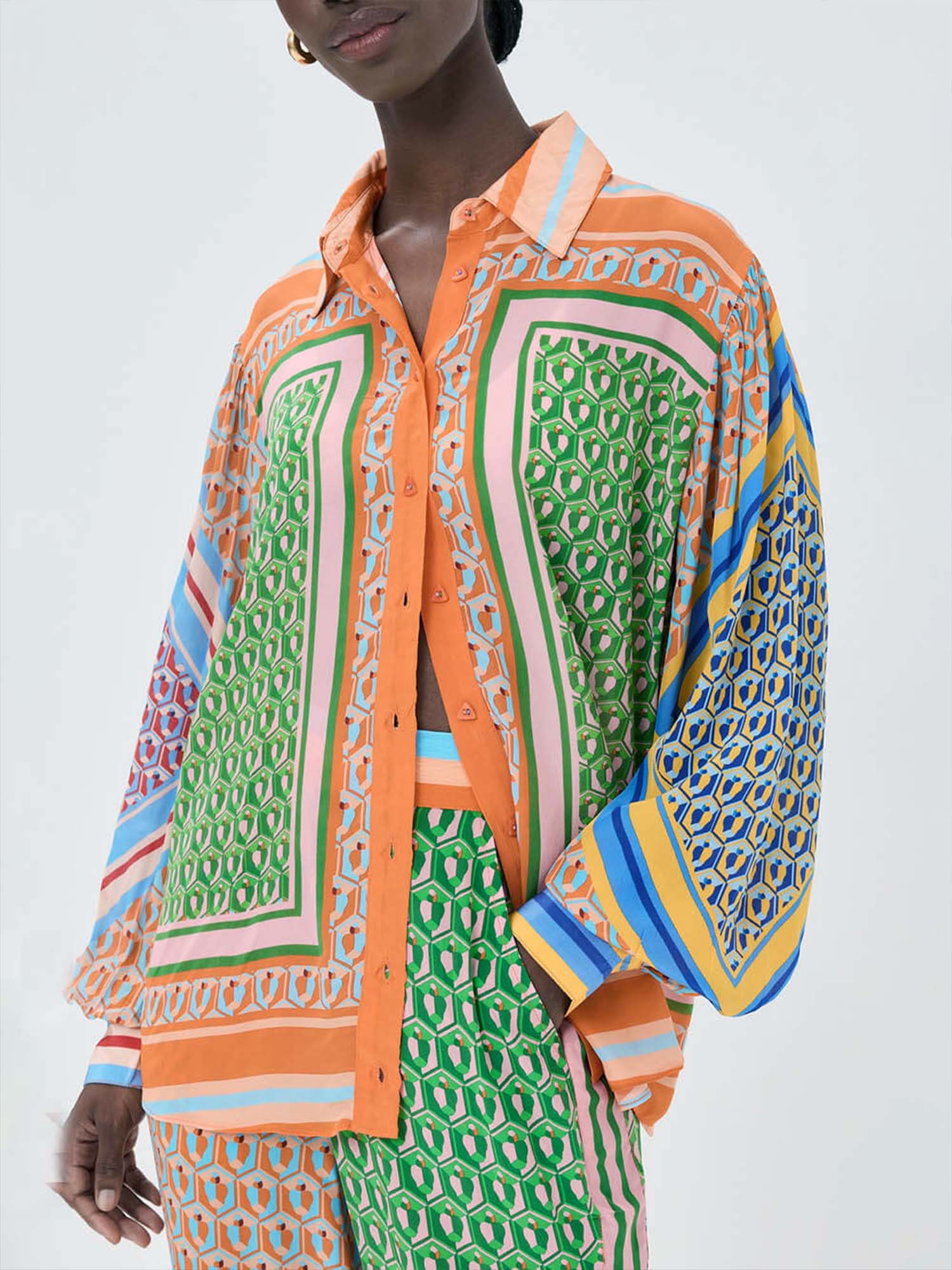 Large Printed Button-Up Shirt with Color Details