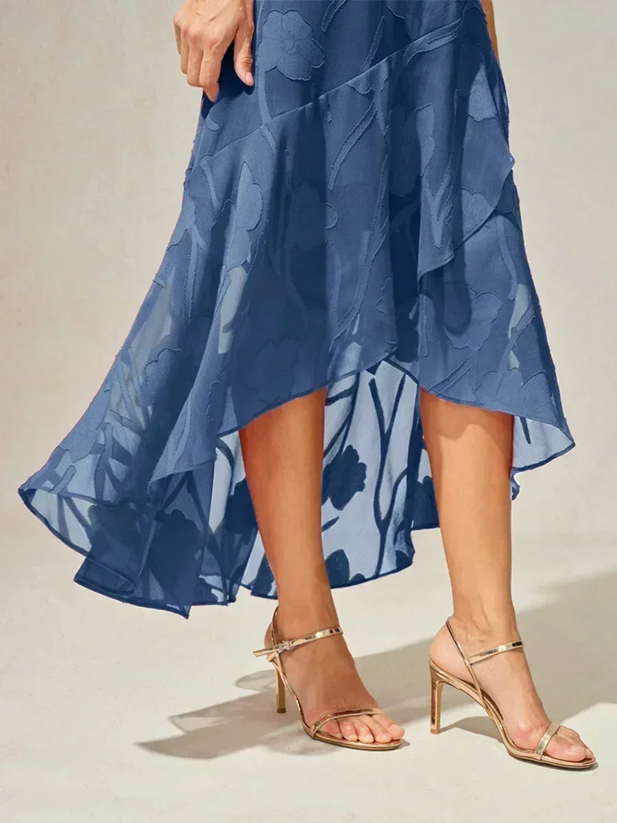 Sleeveless Evening Dress in Floral Chiffon with Asymmetrical Hem