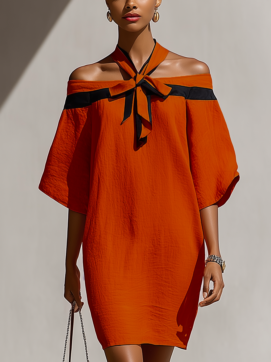 Orange Mini Dress for Women with Black Tie Details at the Neck MDZ1340E3T