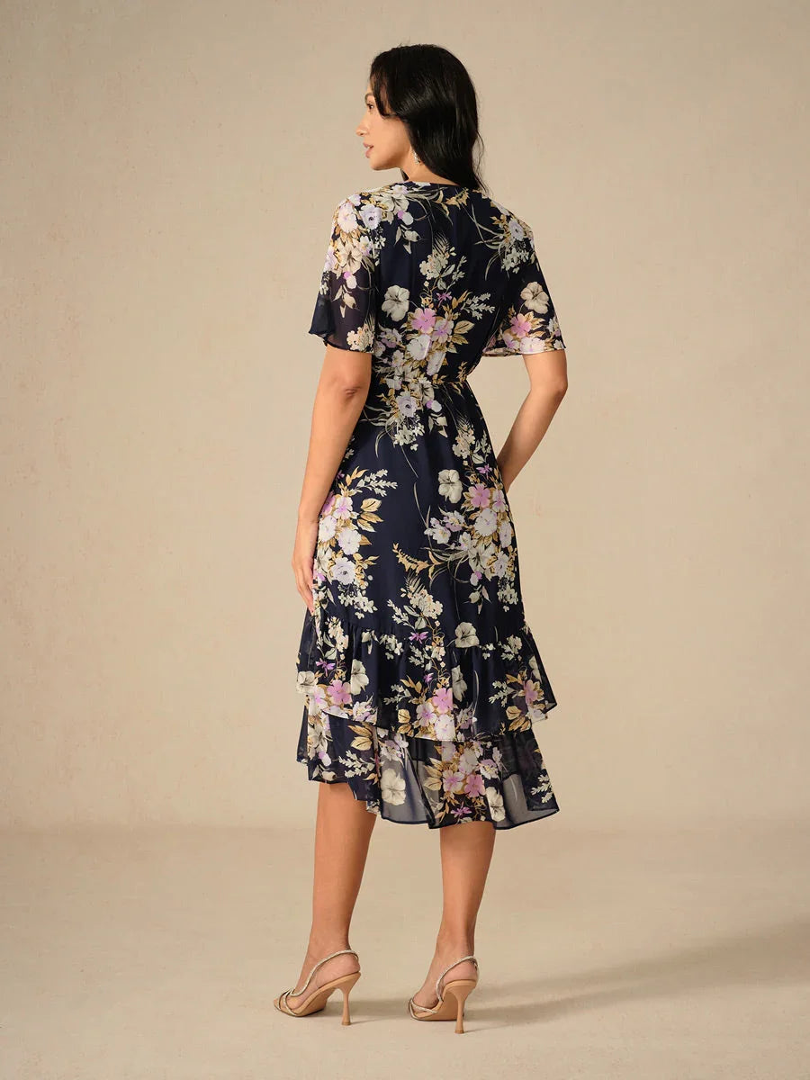 Floral Mid-Length Chiffon Dress with V-Neck and Zippers