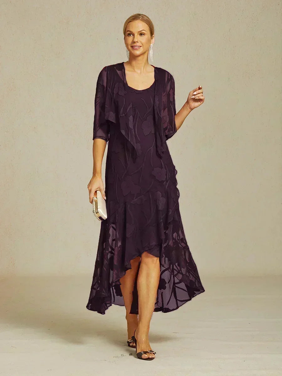 Sleeveless Evening Dresses in Floral Chiffon with Asymmetrical Hem