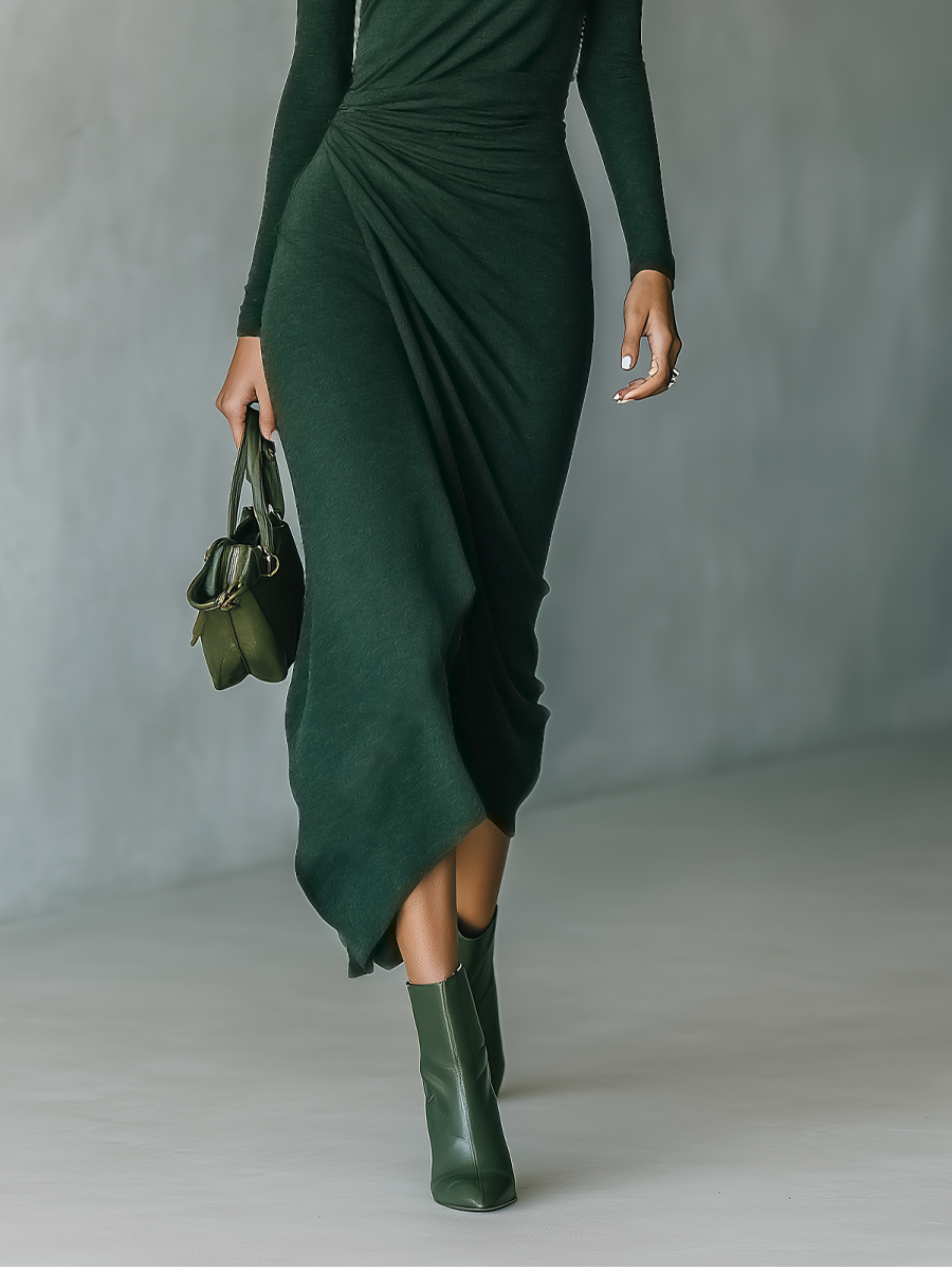 Dark Green Midi Dresses for Women with High Stretch in Sweater Style with High Collar MDA2023J2T
