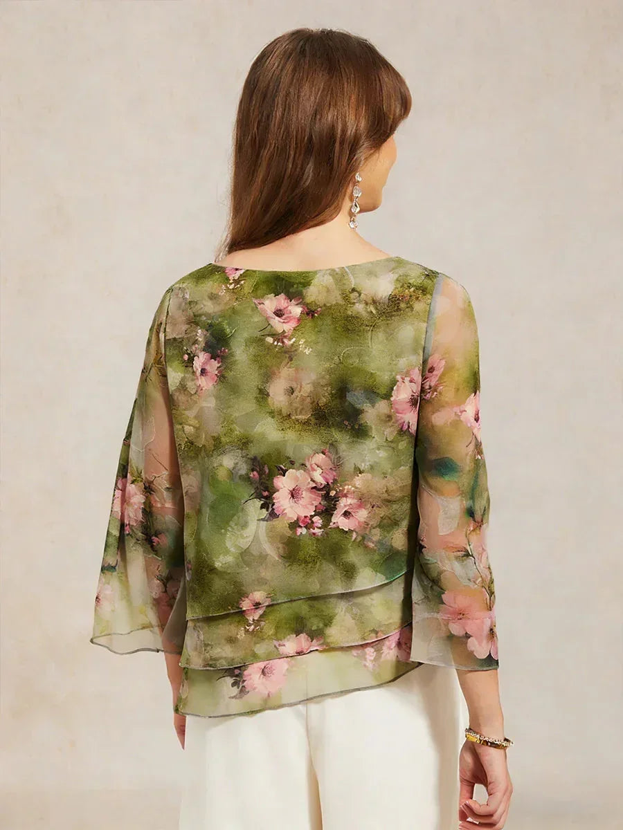 Layered Chiffon Lace Top with Floral Print