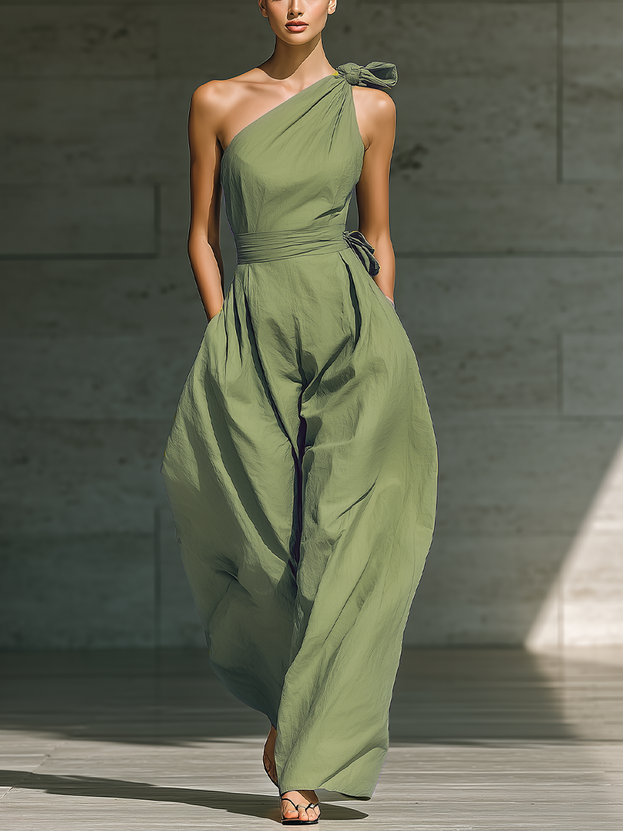 One-Strap Wide-Leg Jumpsuit in Light Green for Women with Tied Waist MDZ3136A8T