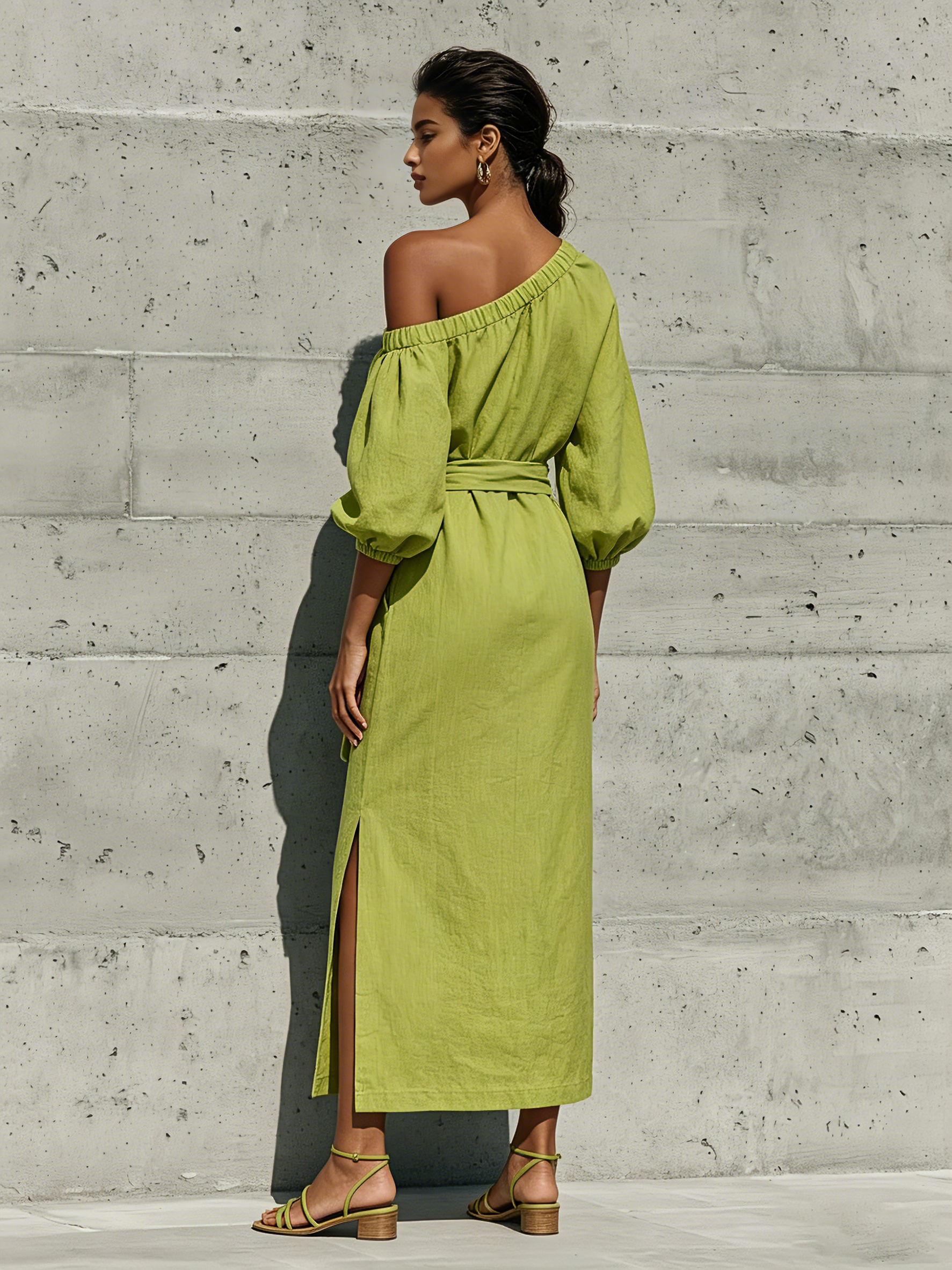 Lime Green Midi Dresses for Women with Puff Sleeves and Off-Shoulder, with Tie Belt and Open Side MDZ1150F0T