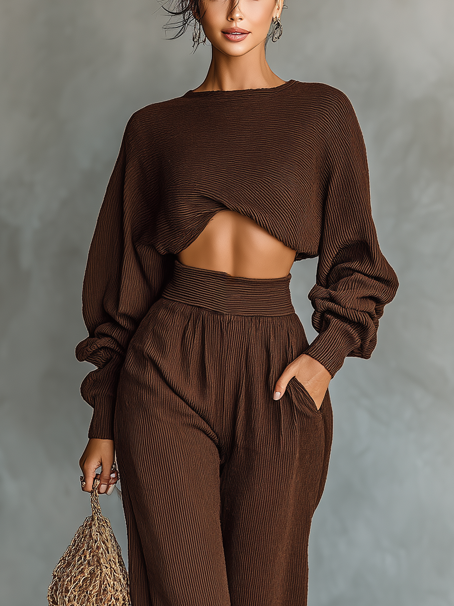 Knitted Set for Women in Coffee Color: Short Top and Wide Pants MDA3000G6T