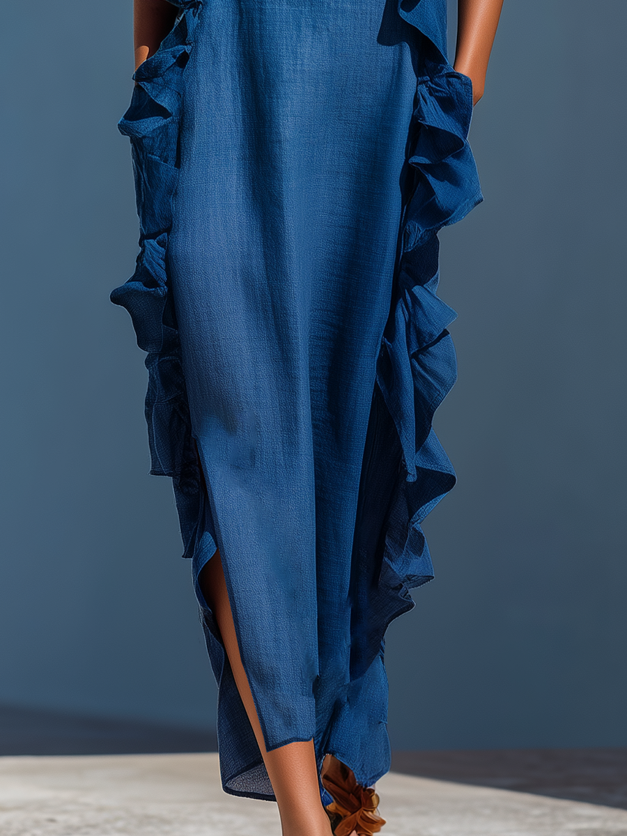 Maxi Dresses for Women in Mixed Linen Fabric in Blue with Spaghetti Straps and Ruffled Edges MDZ2407D1T