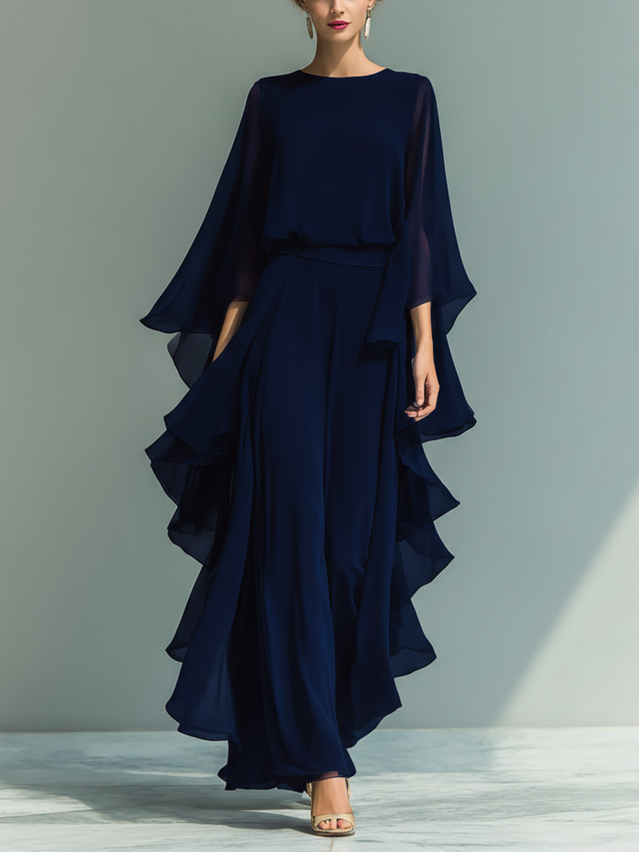 Navy Blue Chiffon Women's Top with Flared Sleeves and Straight Pants with Pleated Details MDZ2218A5T