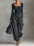Two-Piece Set: Long Sleeve Square Neck T-Shirt with Cargo Pants with Many Pockets