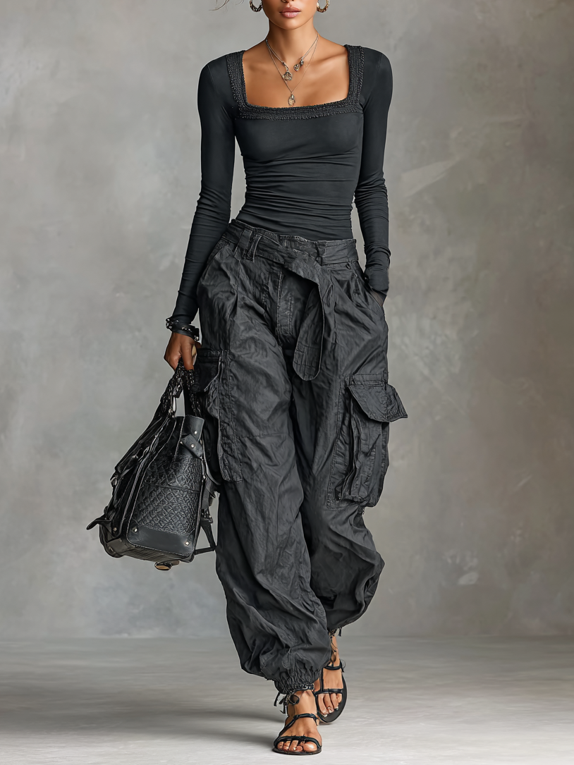 Two-Piece Set: Long Sleeve Square Neck T-Shirt with Cargo Pants with Many Pockets