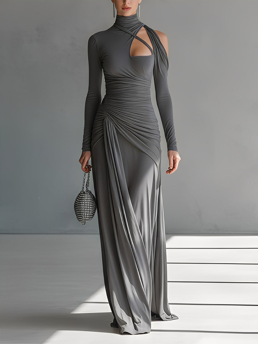 Women’s Gray Maxi Dress in Stretch Silk with Wrinkled Details and Cut MDA0546K6I
