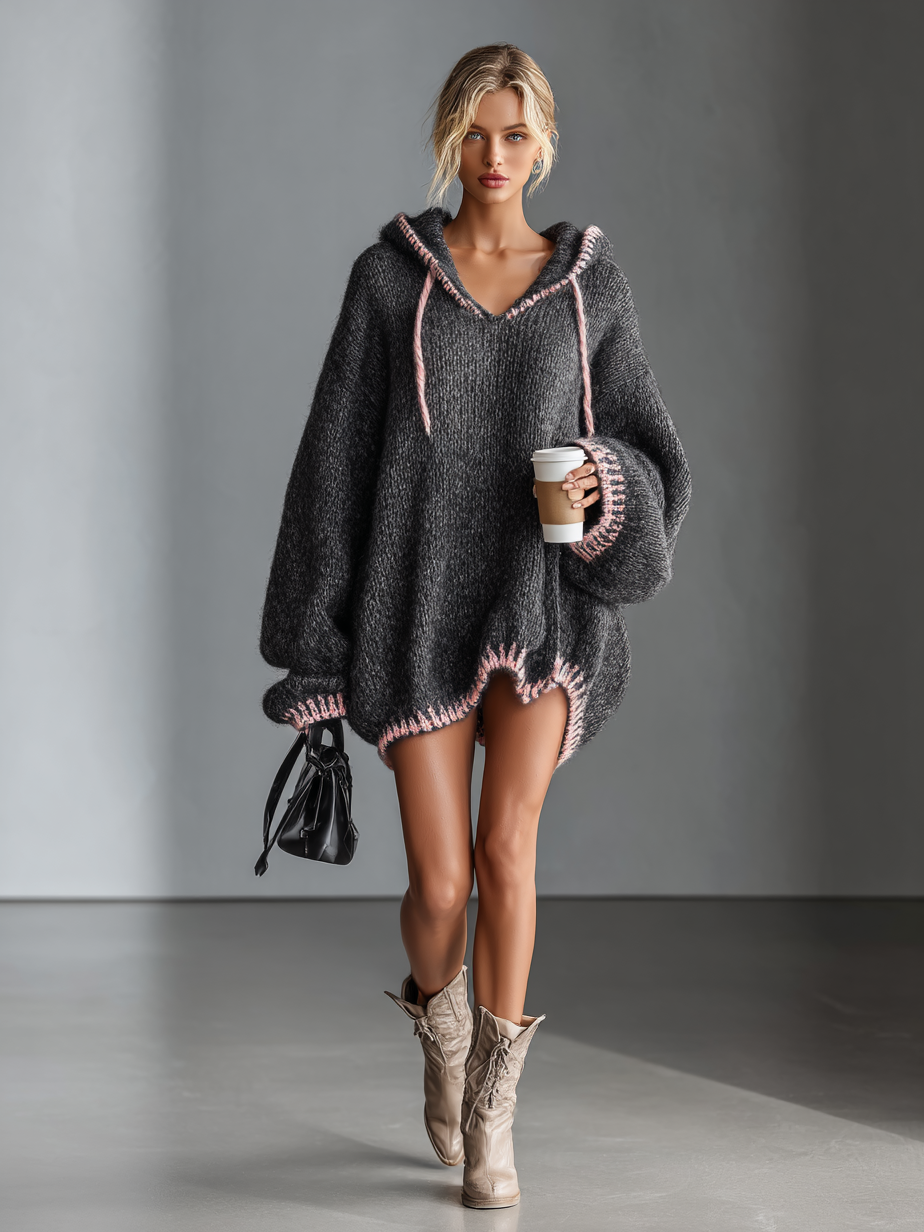 Pink Hooded Knit Mini Dress for Women MDA0255I8Y