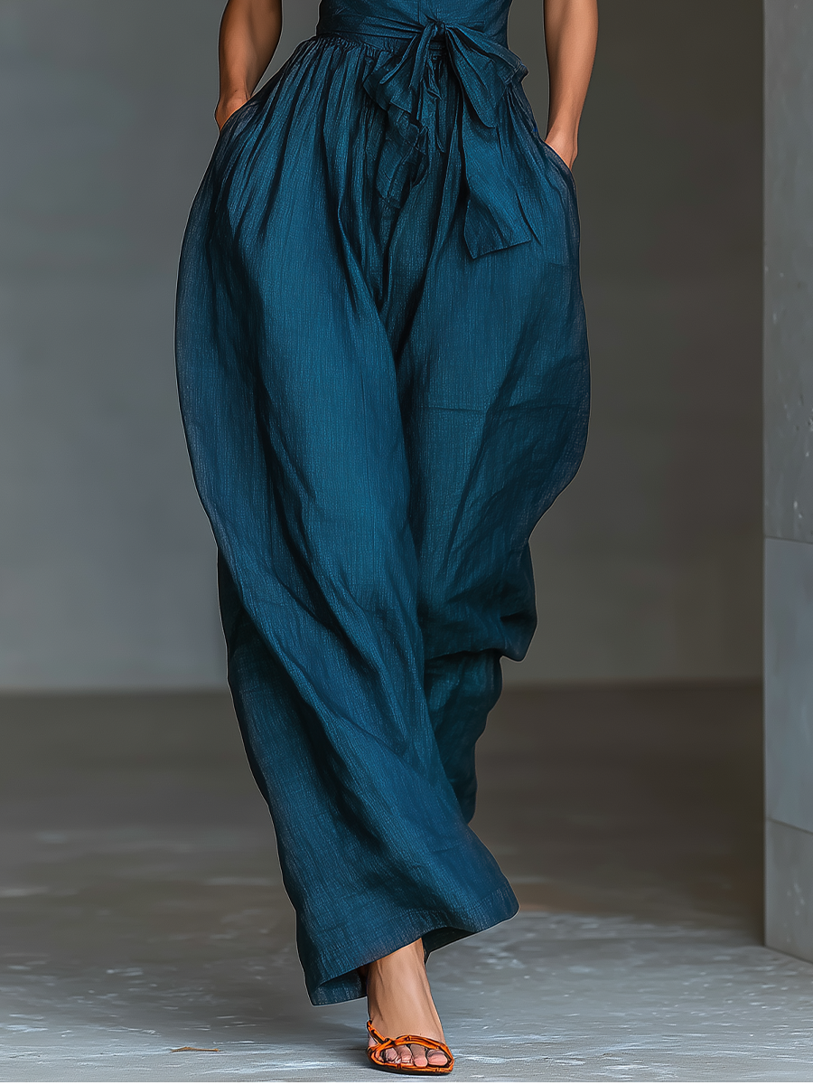 Women's Summer Dress in Dark Blue Linen Fabric with Cross Collar, Adjustable Waist, and Wide Pants MDZ0455B5T