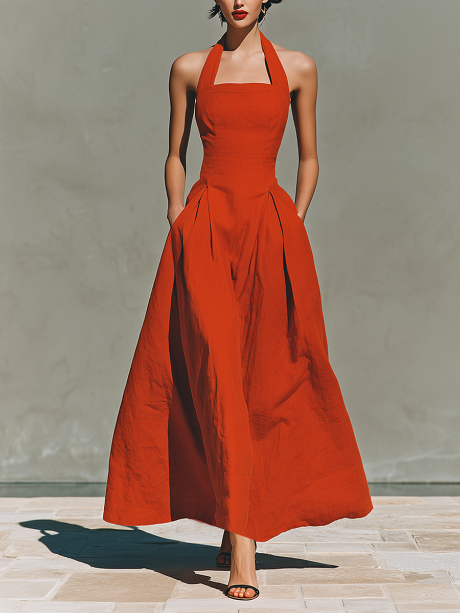 Red Women's Maxi Dresses Made of Linen with Halter Neckline and Pleated Skirt, Elegant and Inspiring Vacation Dress MDZ2016C7I