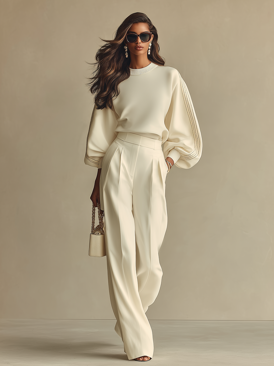 Textured Ivory Set for Women with Crinkled Round Neckline and High-Waisted Pants, Modern and Refined Set MDA2231L6I