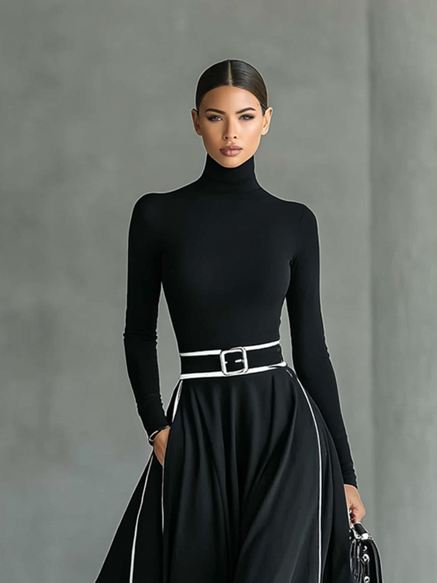Black Maxi Dresses for Women with White Stitching, High Collar, Long Sleeves, Fitted Belt MDA1031G0Y