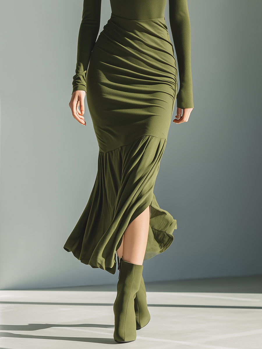Maxi Dress for Women in Military Green with High Neck, Stretch Fabric, and Fitted Look MDA0556K1T