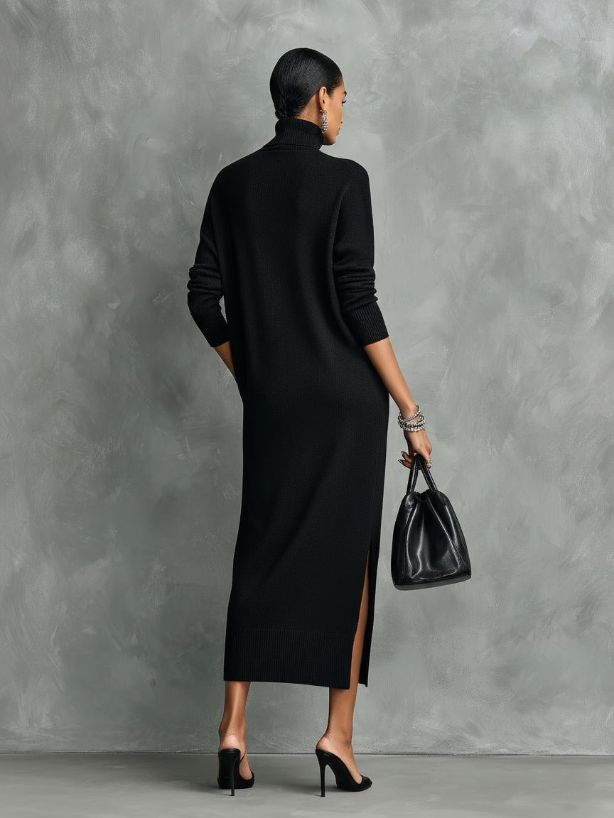 Black Midi Dress for Women, Knitted, with High Collar, Long Sleeves, Loose Fit, No Pockets MDA1974L7AN